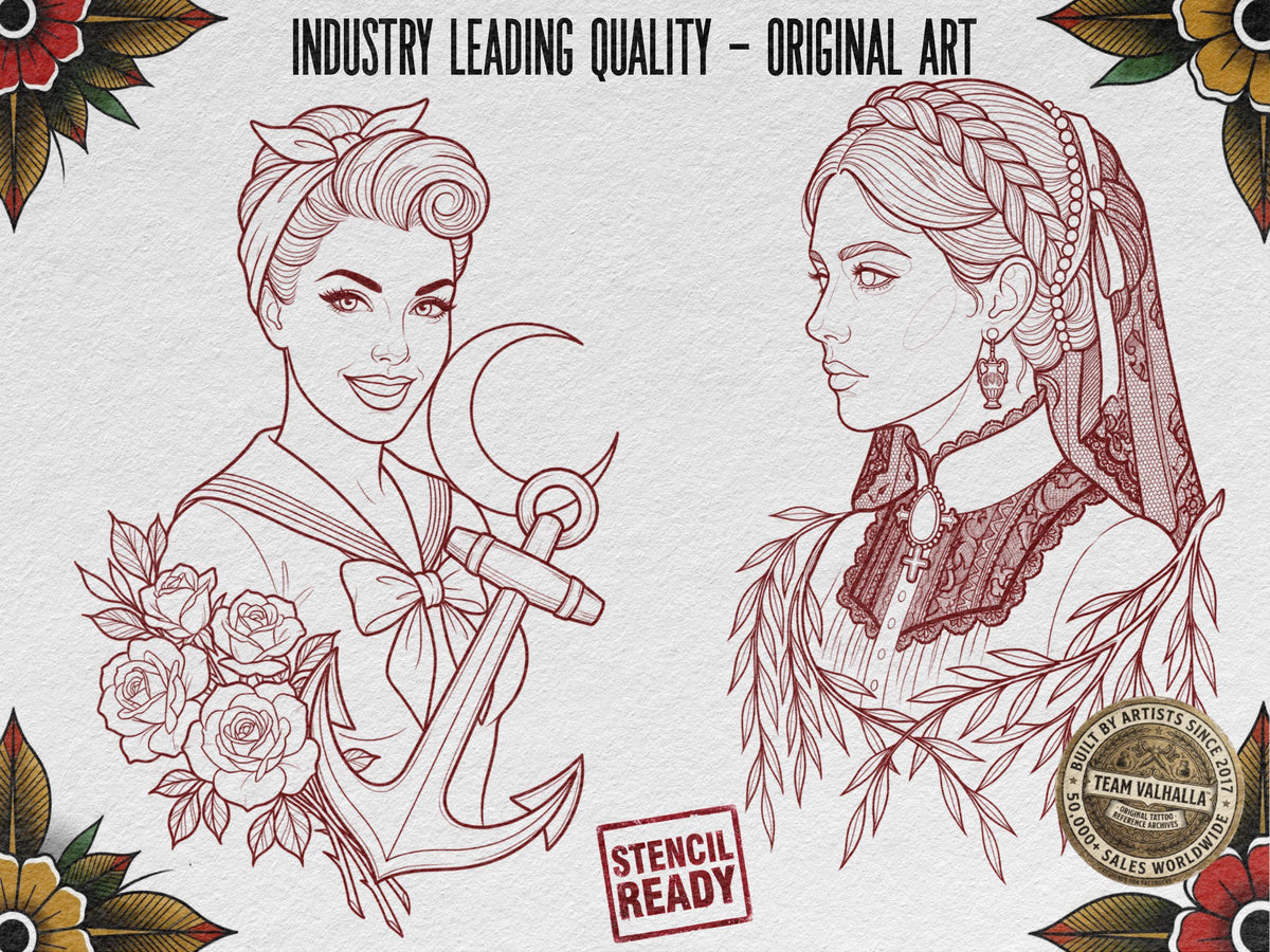 Procreate Neo Traditional Ladies vol.2, Tattoo design Set, Brushset, original stencils