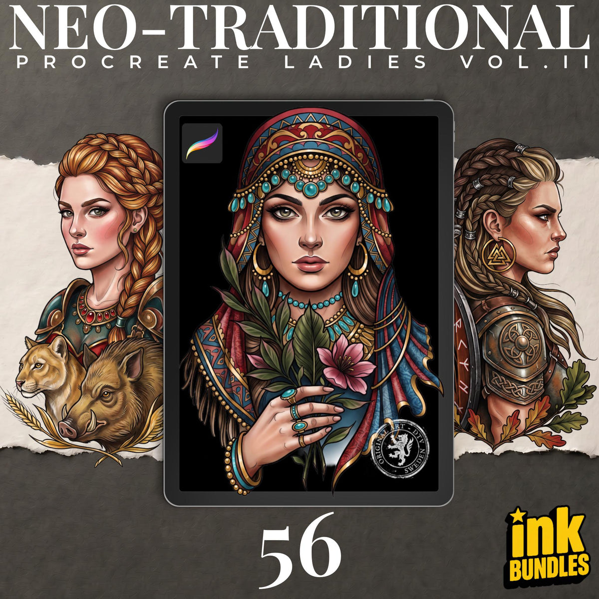 Procreate Neo Traditional Ladies vol.2, Tattoo design Set, Brushset, original stencils