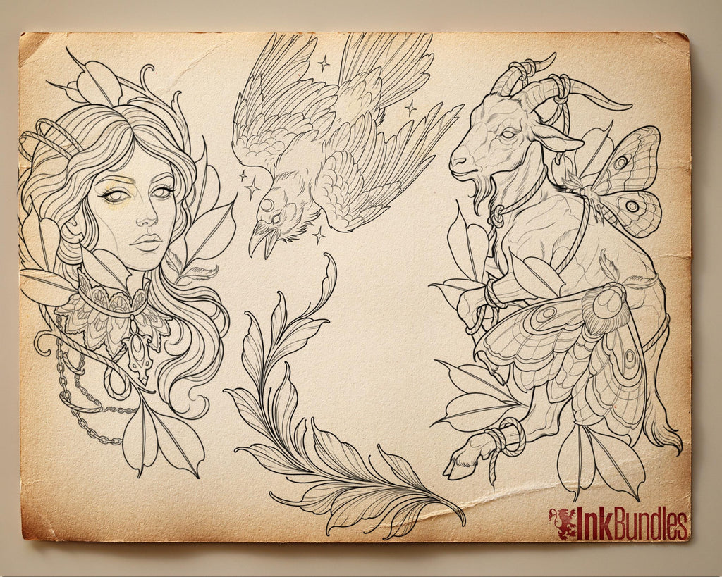 Dark Neo-Traditional vol.2 120+, Dark Macabre Tattoo Art, Neo-Traditional Procreate Stamps, Tattoo Stencils