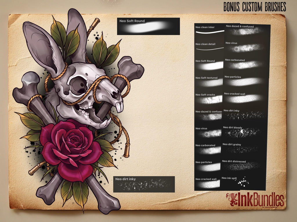 Dark Neo-Traditional vol.2 120+, Dark Macabre Tattoo Art, Neo-Traditional Procreate Stamps, Tattoo Stencils