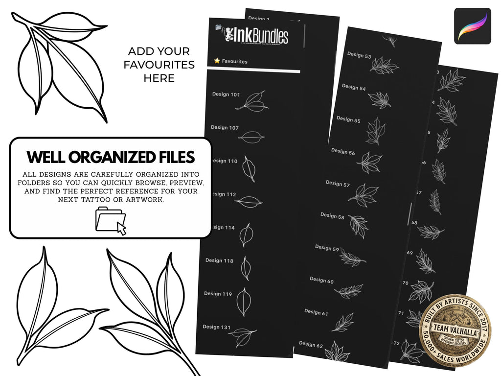 Procreate - Garden Essentials, Tattoo Leaves & Flowers, Fineline, hand drawn, Commercial Use