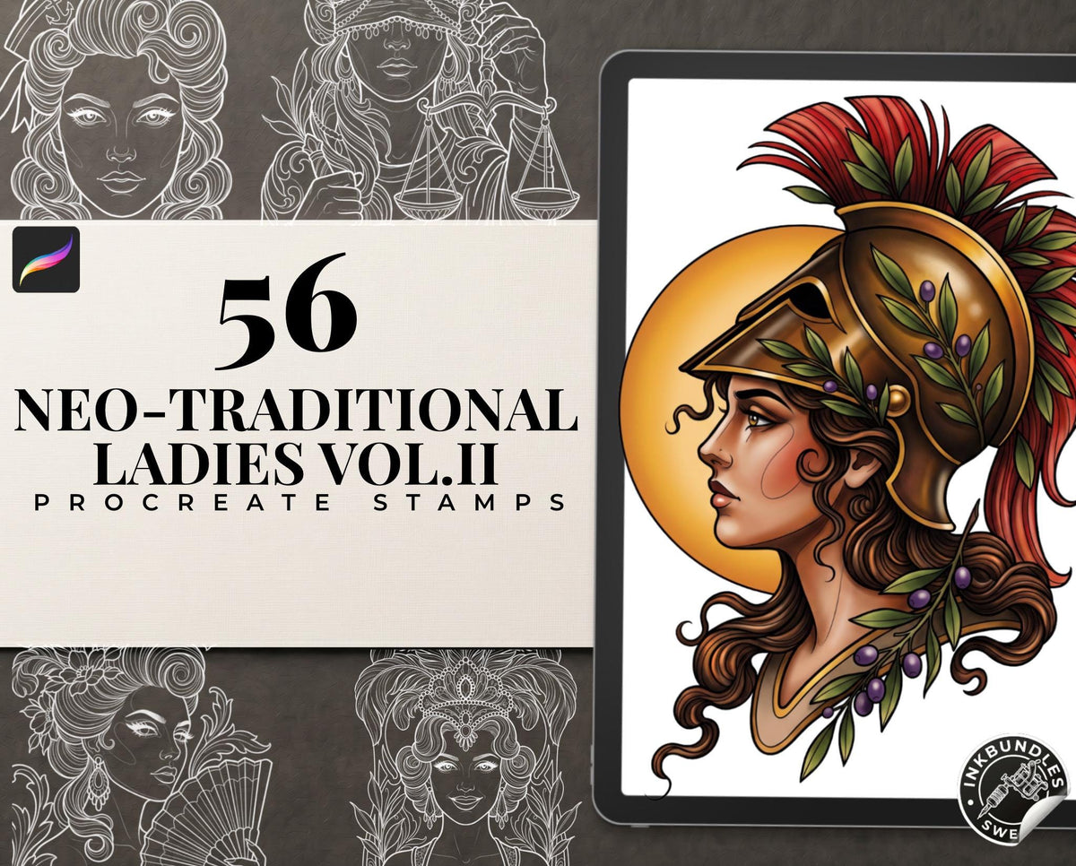 Procreate Neo Traditional Ladies vol.2, Tattoo design Set, Brushset, original stencils