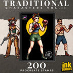 Procreate 200 Traditional characters vol.2, Tattoo design kit, Brushset, original stencils