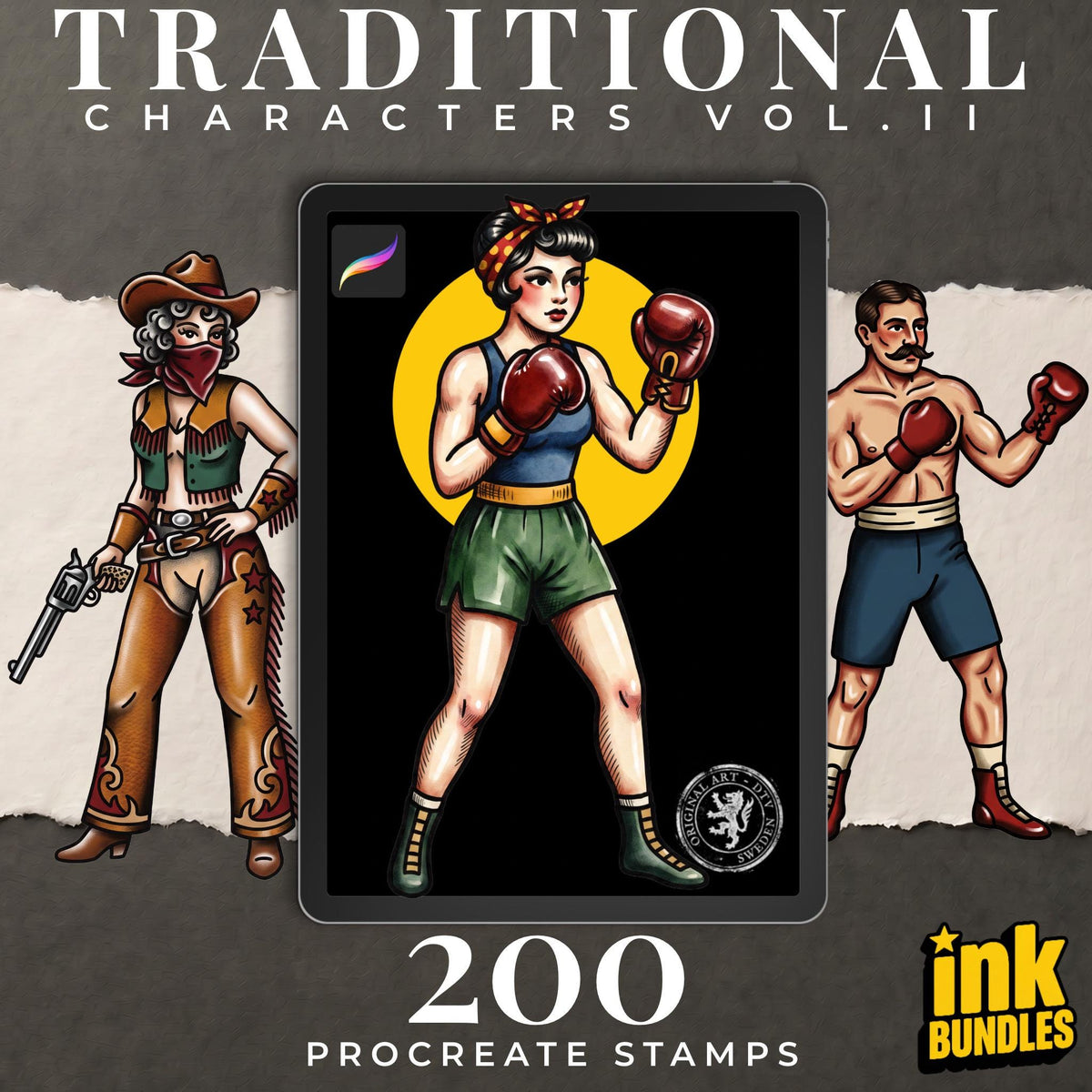 Procreate 200 Traditional characters vol.2, Tattoo design kit, Brushset, original stencils