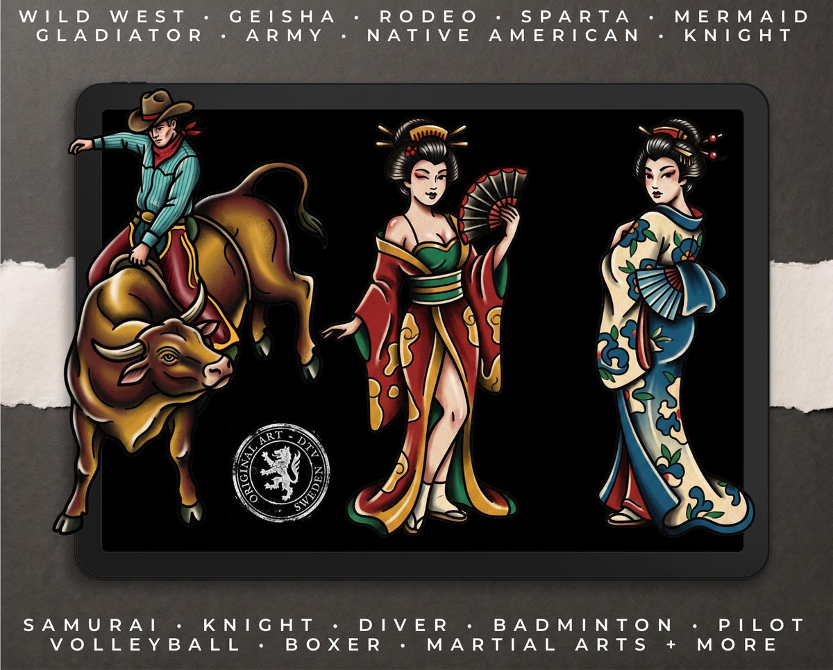 Procreate 200 Traditional characters vol.2, Tattoo design kit, Brushset, original stencils