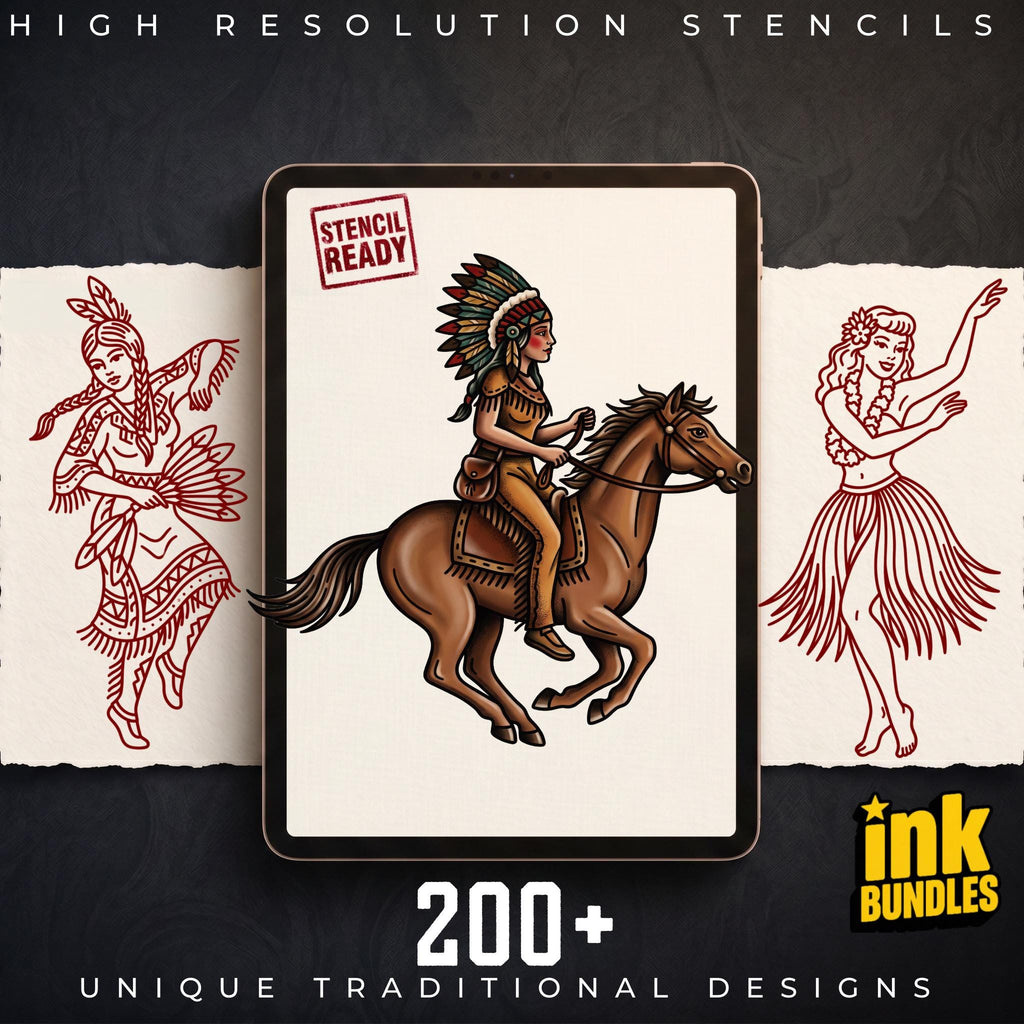 Procreate 200 Traditional characters vol.2, Tattoo design kit, Brushset, original stencils