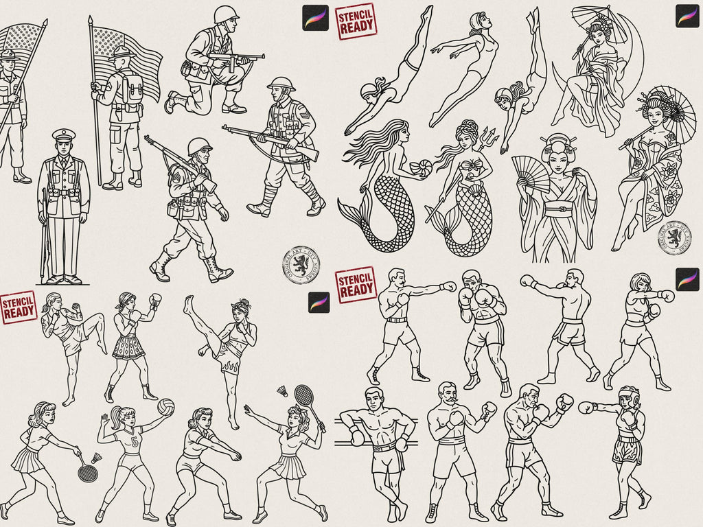 Procreate 200 Traditional characters vol.2, Tattoo design kit, Brushset, original stencils