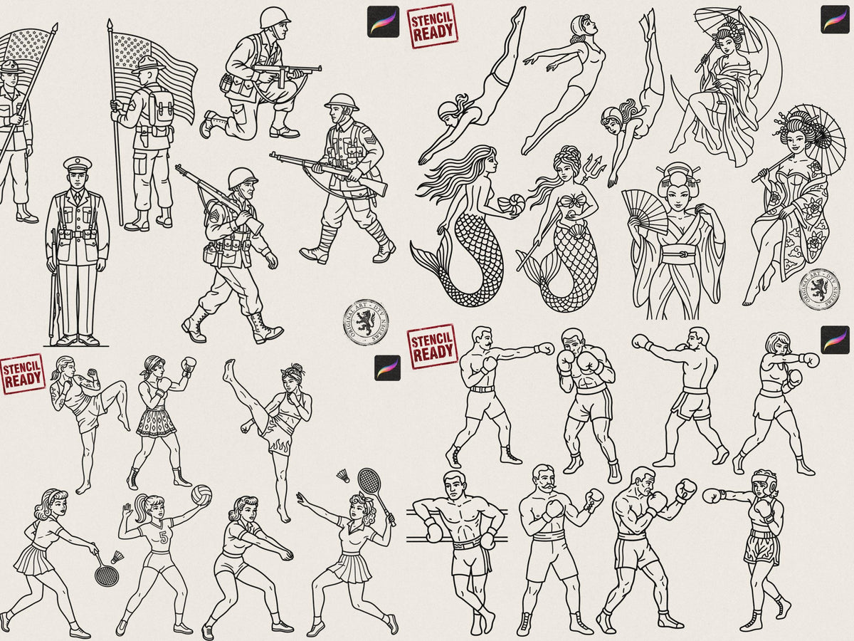 Procreate 200 Traditional characters vol.2, Tattoo design kit, Brushset, original stencils