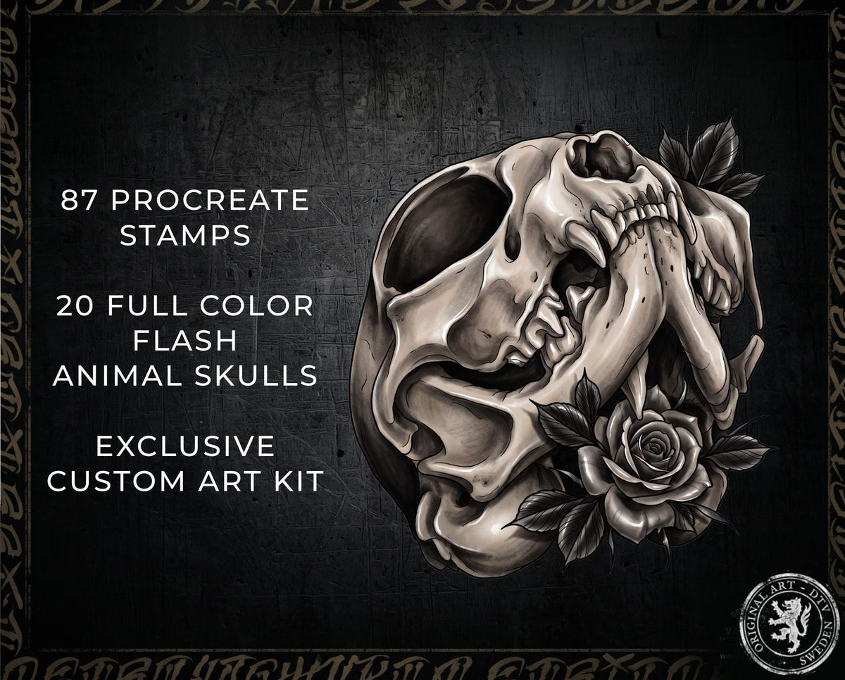 Feline Skull Tattoo Stencils – 82 Procreate Stamps – preview 3