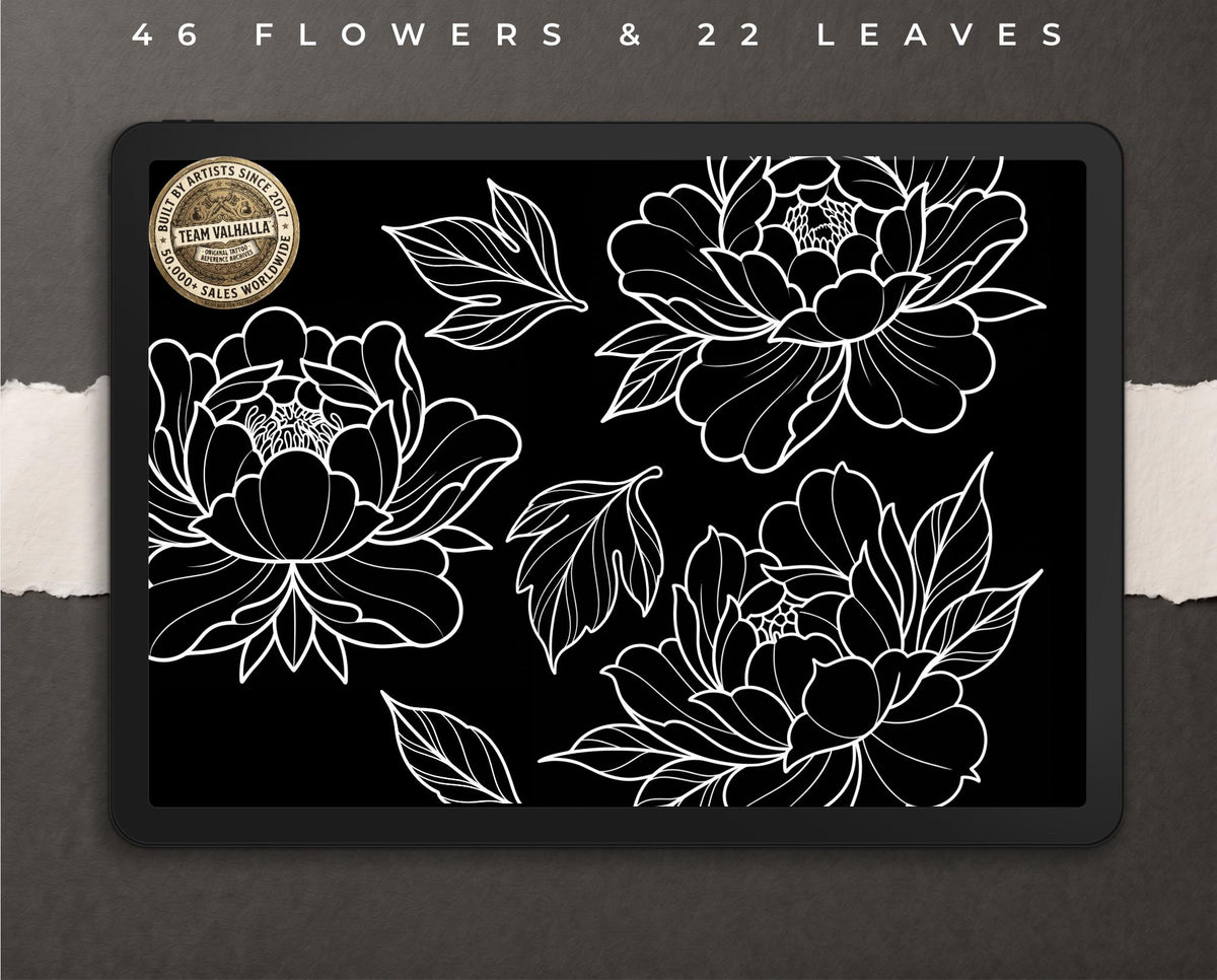 Japanese Peony Tattoo Stencils – Procreate Stamps – preview 2