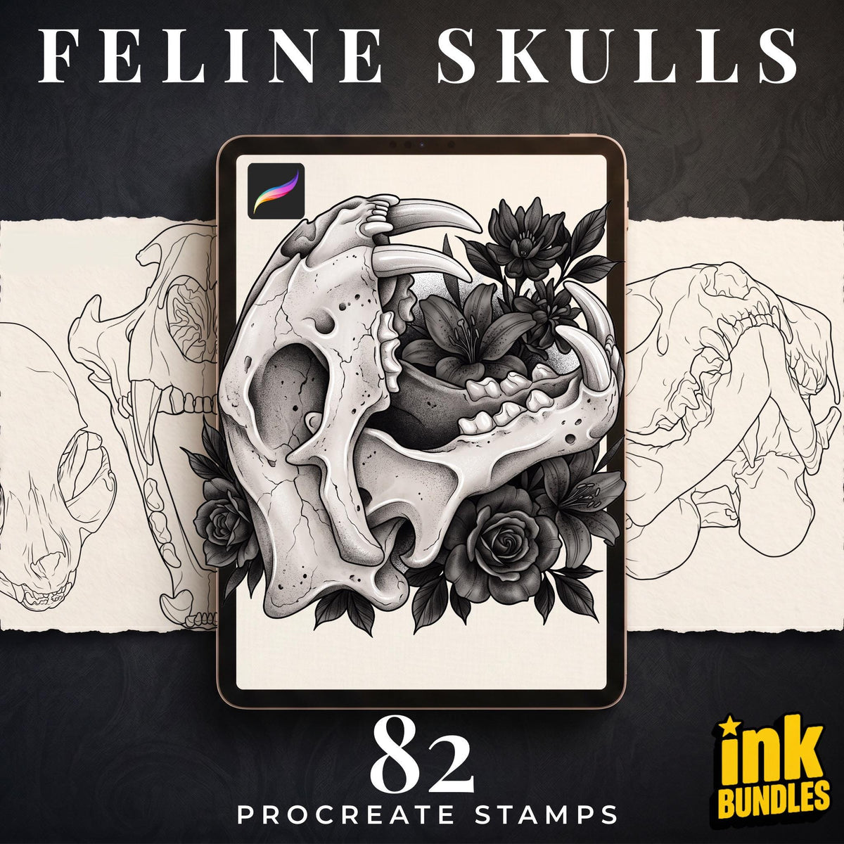 Feline Skull Tattoo Stencils – 82 Procreate Stamps – preview 5