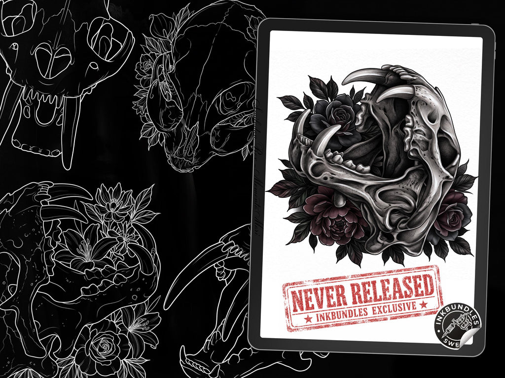 Feline Skull Tattoo Stencils – 82 Procreate Stamps – preview 2