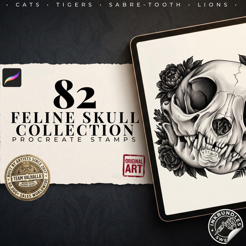 Feline Skull Tattoo Stencils – 82 Procreate Stamps – preview 6