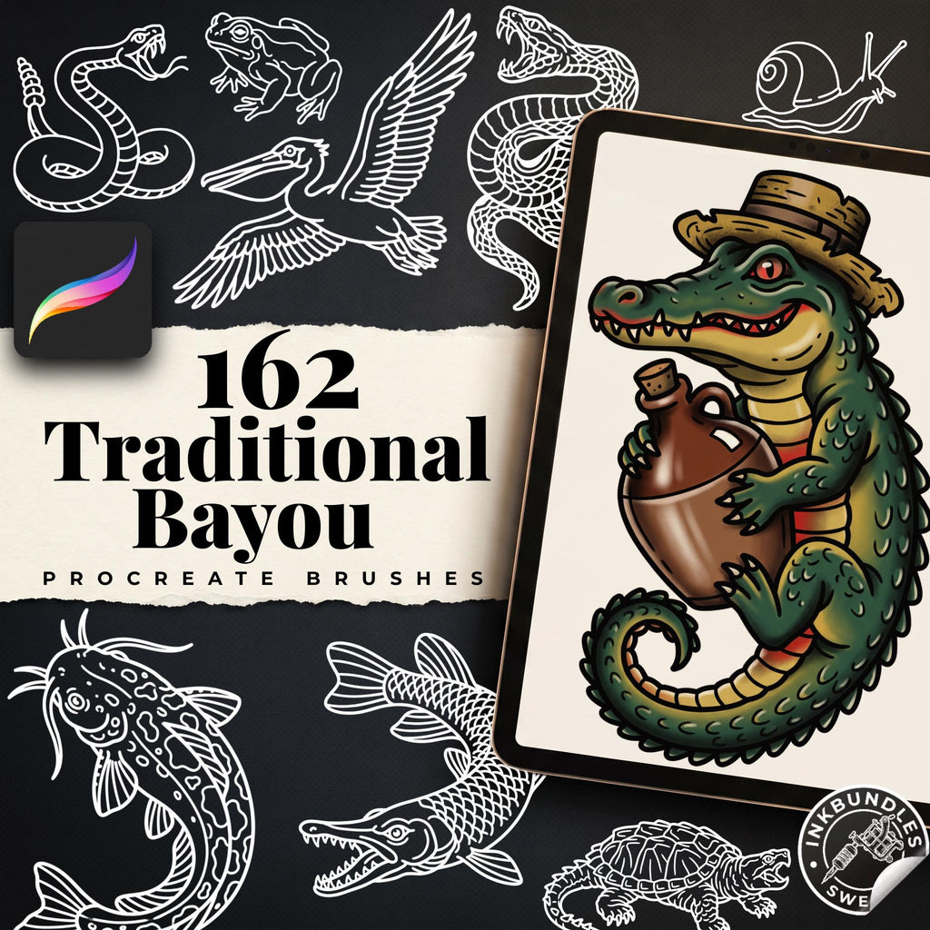 American Traditional Bayou Tattoos – Procreate Stamps, Old-School Stencils