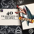 Procreate Traditional Sharks, 40 Old school Stencils / References / Tattoo essentials