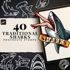 Procreate Traditional Sharks, 40 Old school Stencils / References / Tattoo essentials