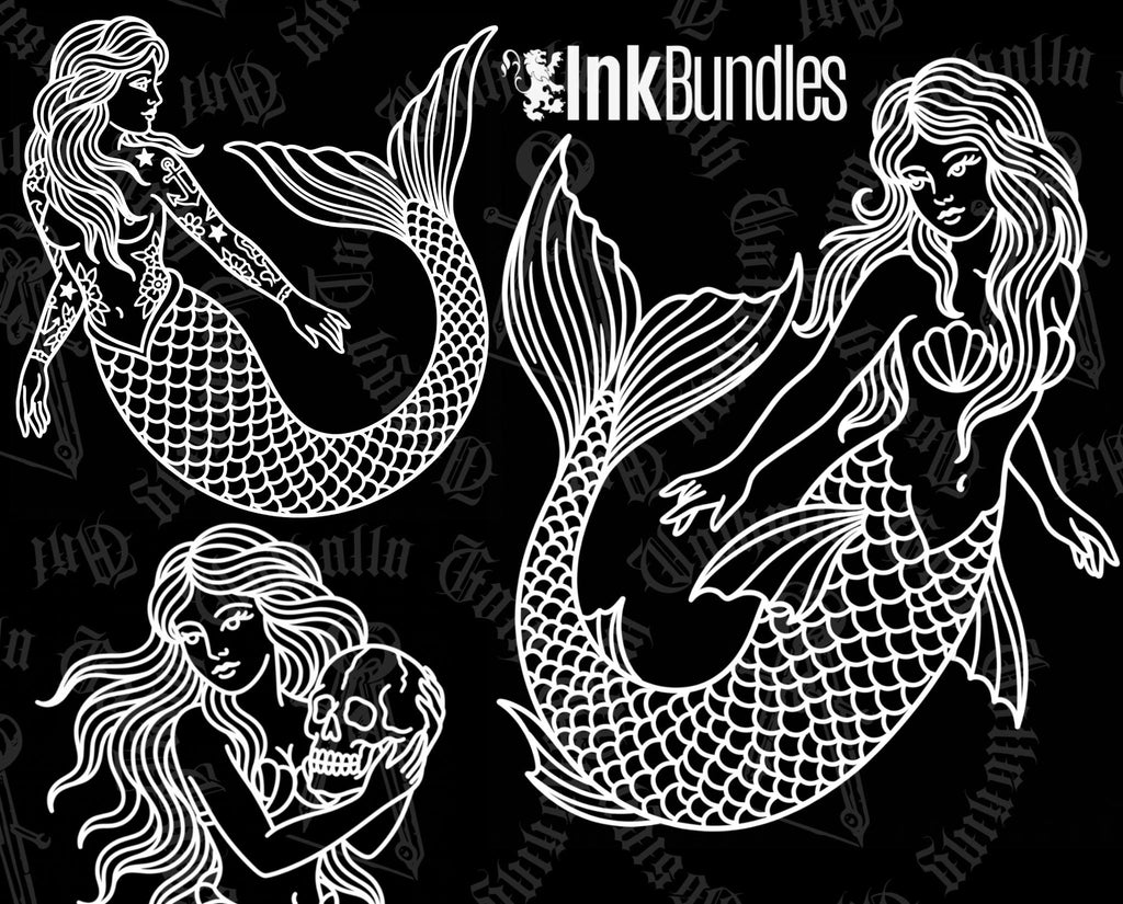 Procreate, Mermaid Tattoo flash art , 32 Unique references for Procreate, Outlined tattoo stencil art