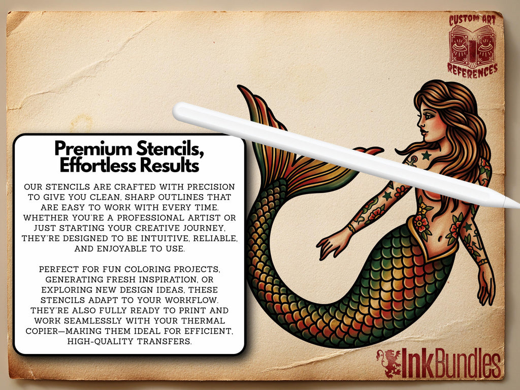 Procreate, Mermaid Tattoo flash art , 32 Unique references for Procreate, Outlined tattoo stencil art