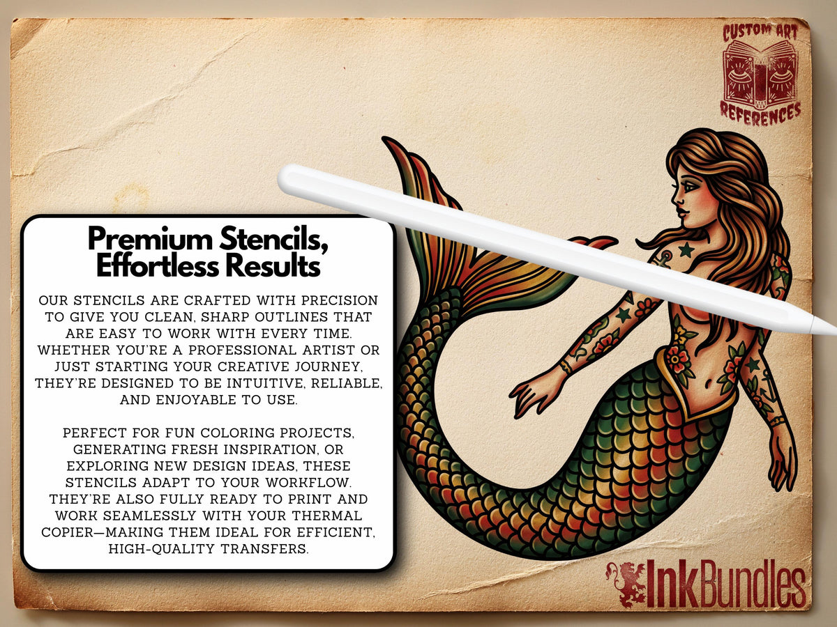 Procreate, Mermaid Tattoo flash art , 32 Unique references for Procreate, Outlined tattoo stencil art