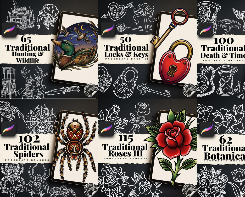 Traditional Tattoo Bundle 2026 - Procreate Stamps & PNG Stencils