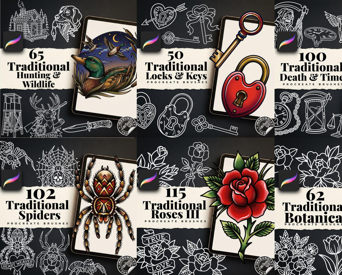 Traditional Tattoo Bundle 2026 - Procreate Stamps & PNG Stencils