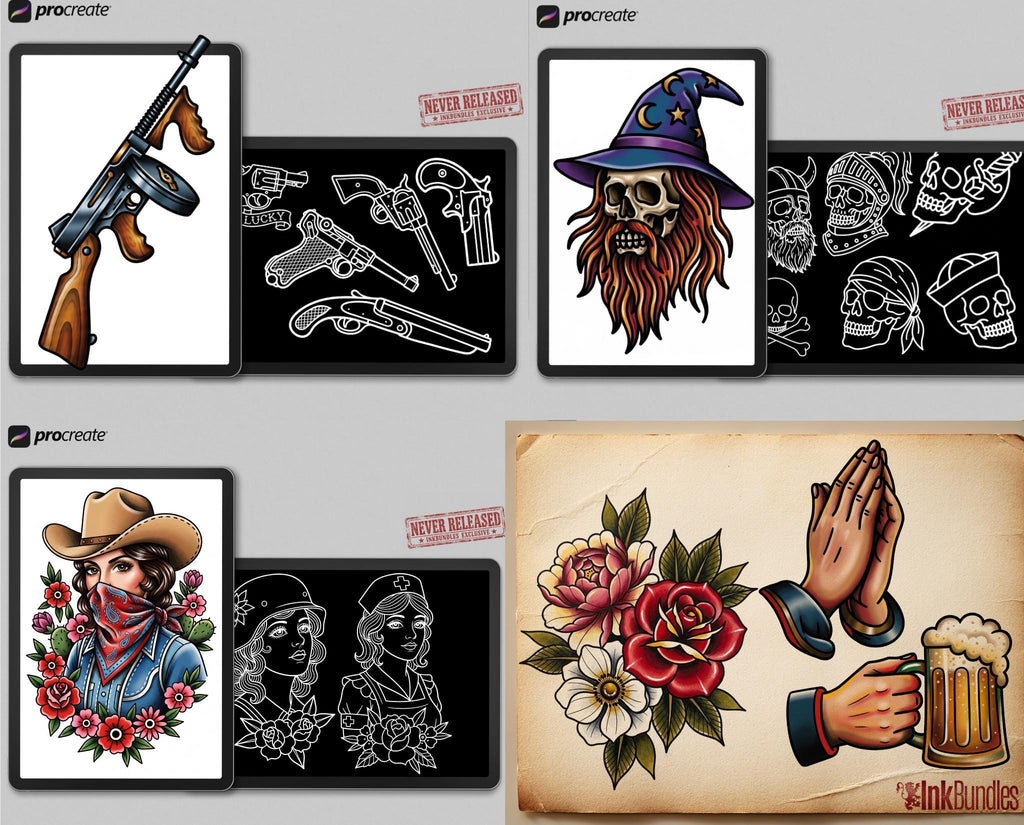 Traditional Tattoo Bundle 2026 - Procreate Stamps & PNG Stencils