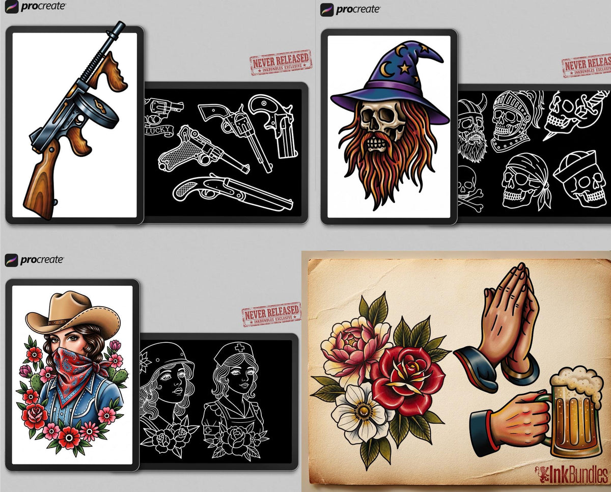 Traditional Tattoo Bundle 2026 - Procreate Stamps & PNG Stencils
