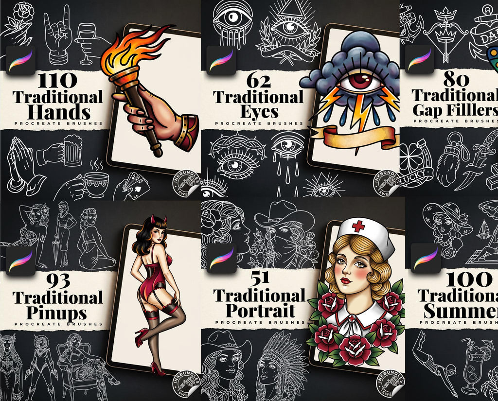 Traditional Tattoo Bundle 2026 - Procreate Stamps & PNG Stencils