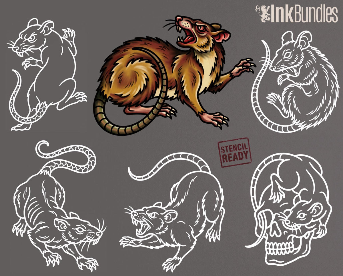 Procreate, Traditional Rats Tattoo flash art , 32 Unique references for Procreate, Outlined tattoo stencil art