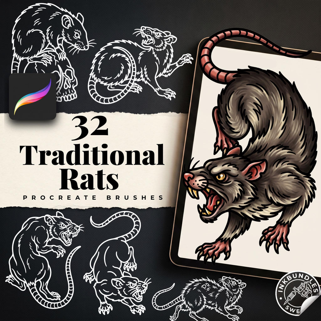 Procreate, Traditional Rats Tattoo flash art , 32 Unique references for Procreate, Outlined tattoo stencil art