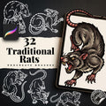 Procreate, Traditional Rats Tattoo flash art , 32 Unique references for Procreate, Outlined tattoo stencil art