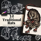 Procreate, Traditional Rats Tattoo flash art , 32 Unique references for Procreate, Outlined tattoo stencil art