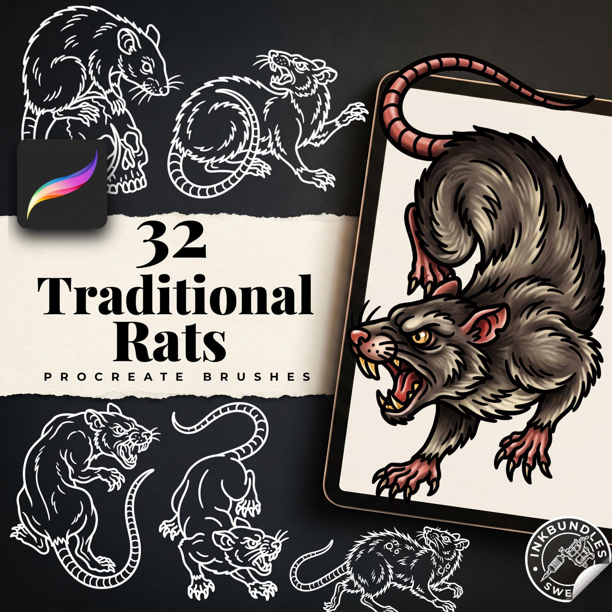 Procreate, Traditional Rats Tattoo flash art , 32 Unique references for Procreate, Outlined tattoo stencil art
