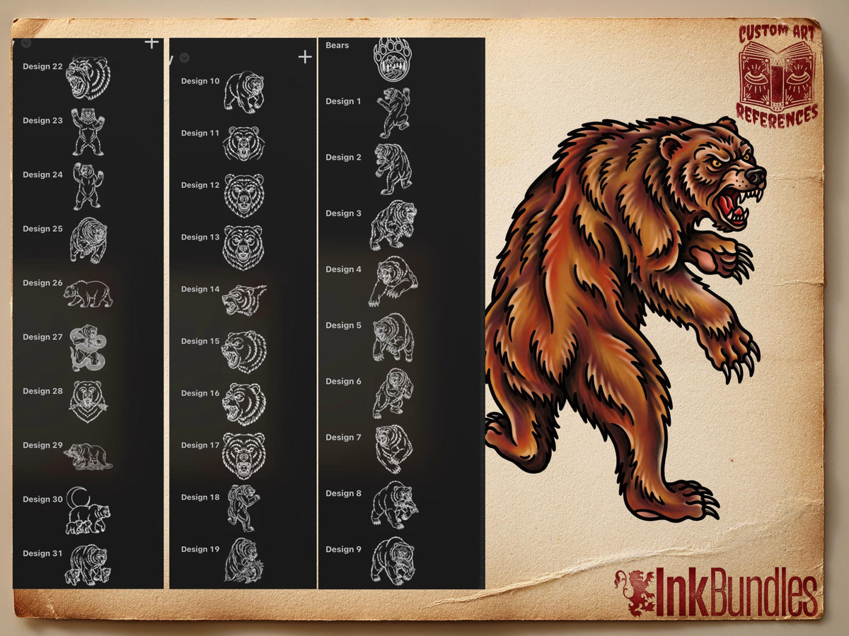 Procreate, Traditional Bears Tattoo flash art , 36 Unique references for Procreate, Outlined tattoo stencil art