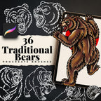 Procreate, Traditional Bears Tattoo flash art , 36 Unique references for Procreate, Outlined tattoo stencil art