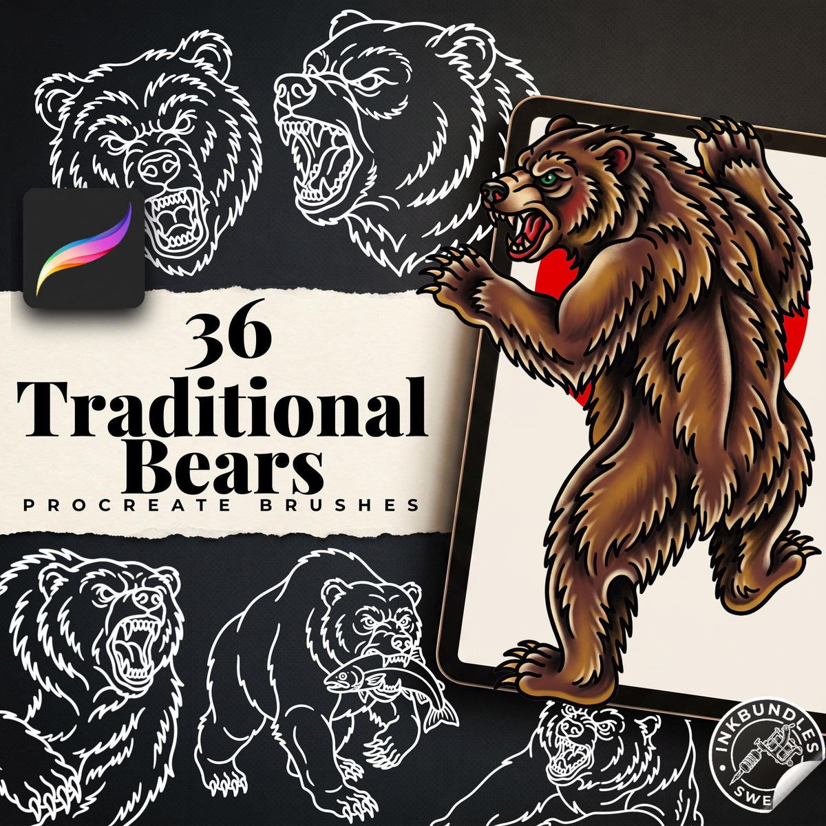 Procreate, Traditional Bears Tattoo flash art , 36 Unique references for Procreate, Outlined tattoo stencil art