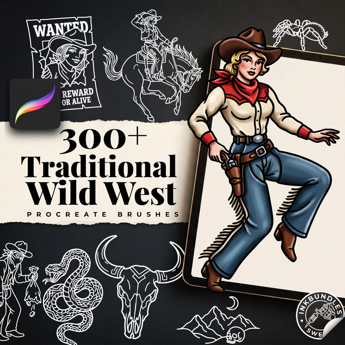 Wild West Tattoo Stencils Bundle - 200+ Procreate Stamps