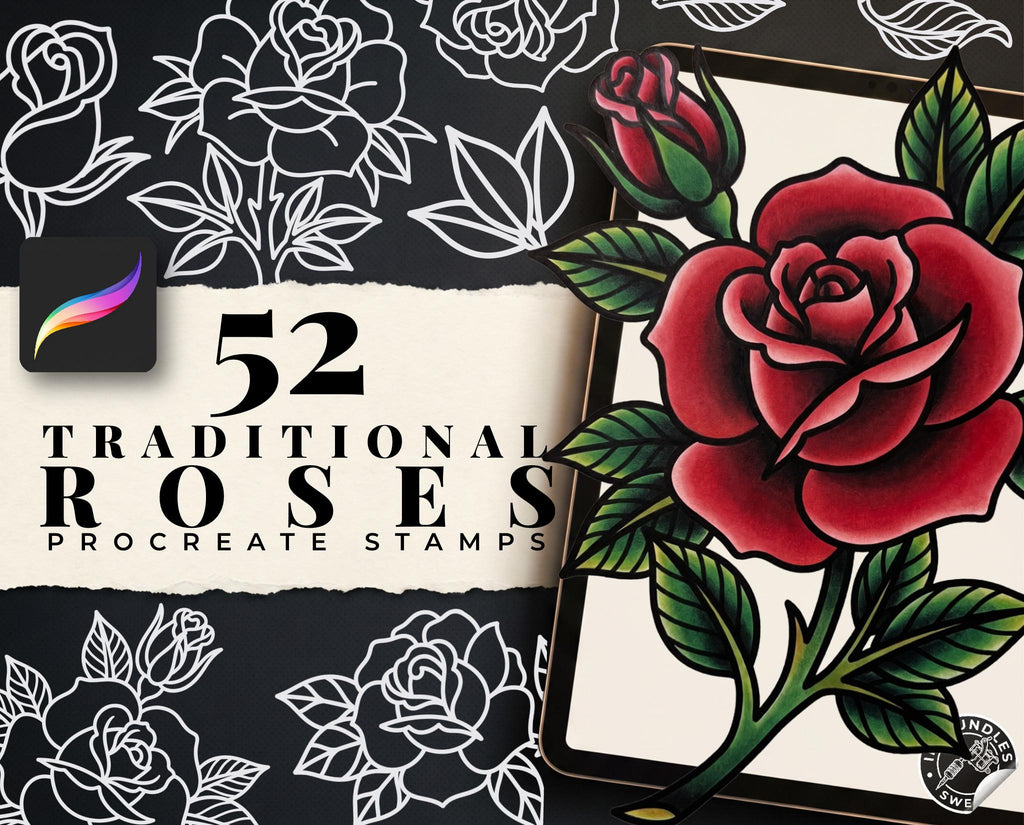 Traditional Roses Tattoo Stencils 100+ files: Procreate & PNG SVG EPS