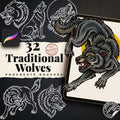 Procreate, Wolf Tattoo flash art , 32 Unique references for Procreate, Outlined tattoo stencil art