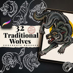 Procreate, Wolf Tattoo flash art , 32 Unique references for Procreate, Outlined tattoo stencil art
