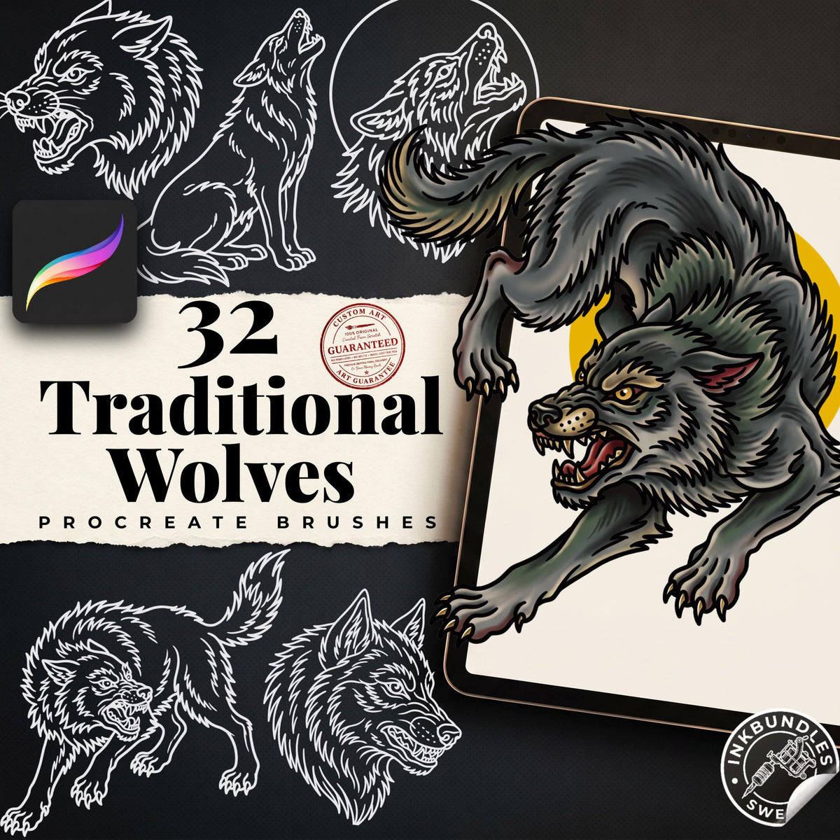Procreate, Wolf Tattoo flash art , 32 Unique references for Procreate, Outlined tattoo stencil art