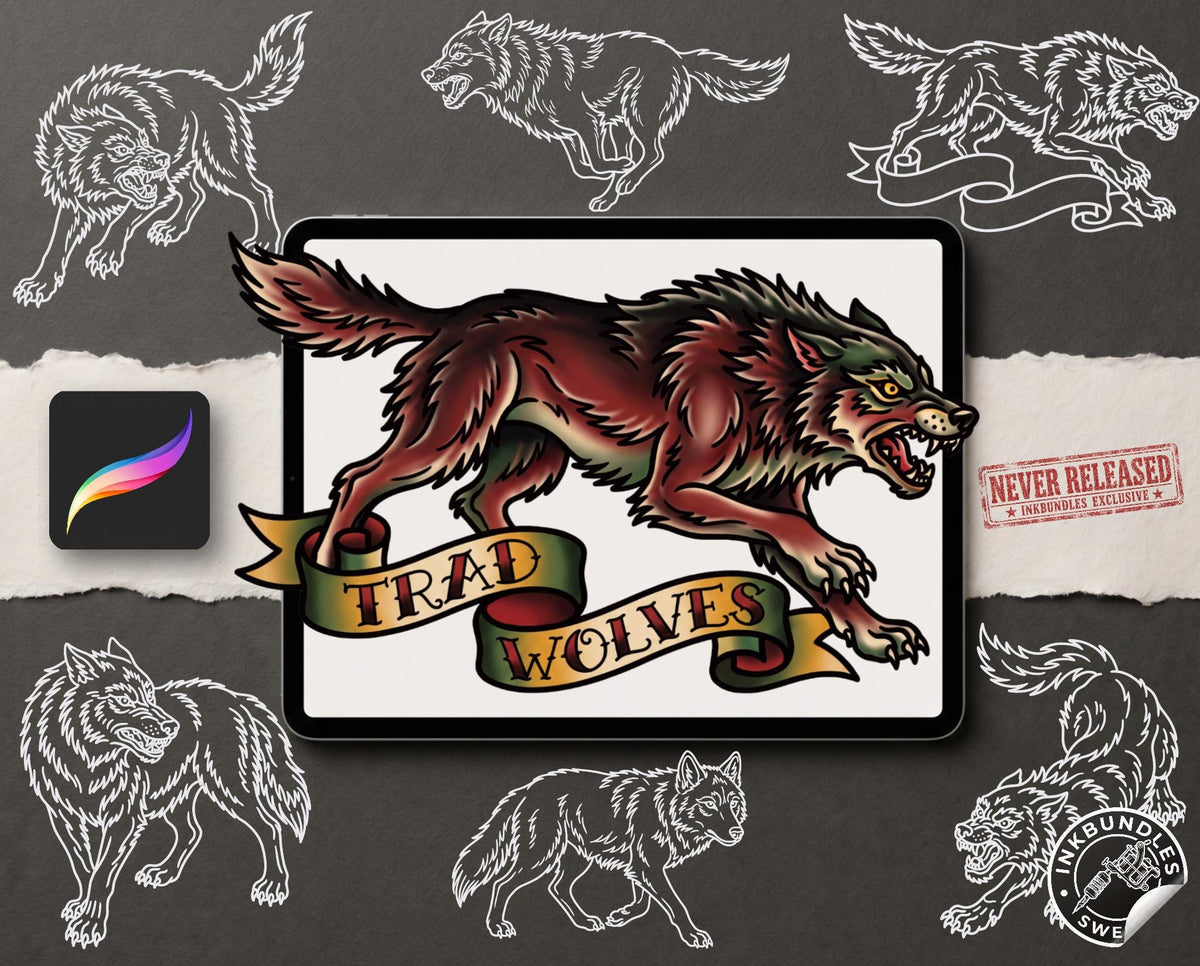 Procreate, Wolf Tattoo flash art , 32 Unique references for Procreate, Outlined tattoo stencil art