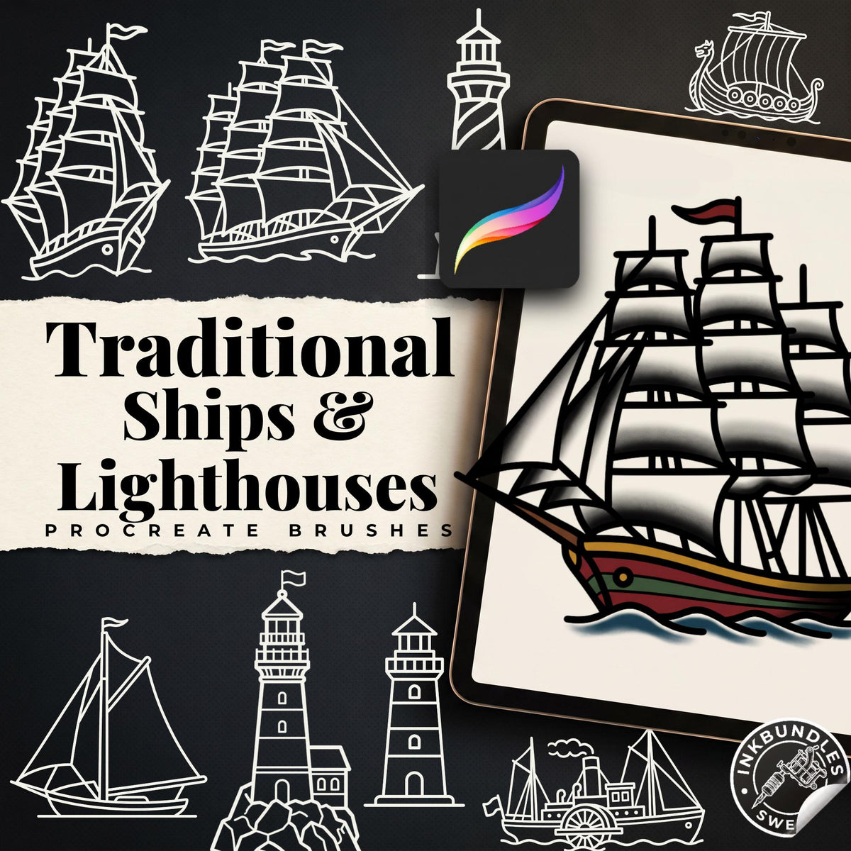 Traditional Tattoo Stencils - 100 files | Procreate Stamp Brushes PNG EPS SVG