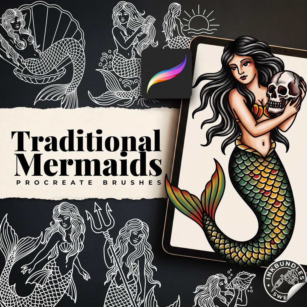 Procreate, Mermaid Tattoo flash art , 32 Unique references for Procreate, Outlined tattoo stencil art