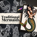 Procreate, Mermaid Tattoo flash art , 32 Unique references for Procreate, Outlined tattoo stencil art
