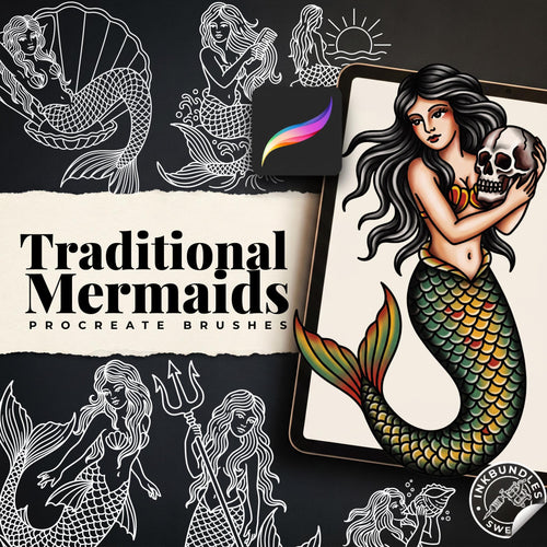 Procreate, Mermaid Tattoo flash art , 32 Unique references for Procreate, Outlined tattoo stencil art