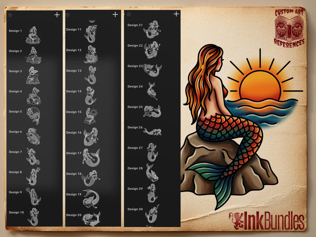 Procreate, Mermaid Tattoo flash art , 32 Unique references for Procreate, Outlined tattoo stencil art