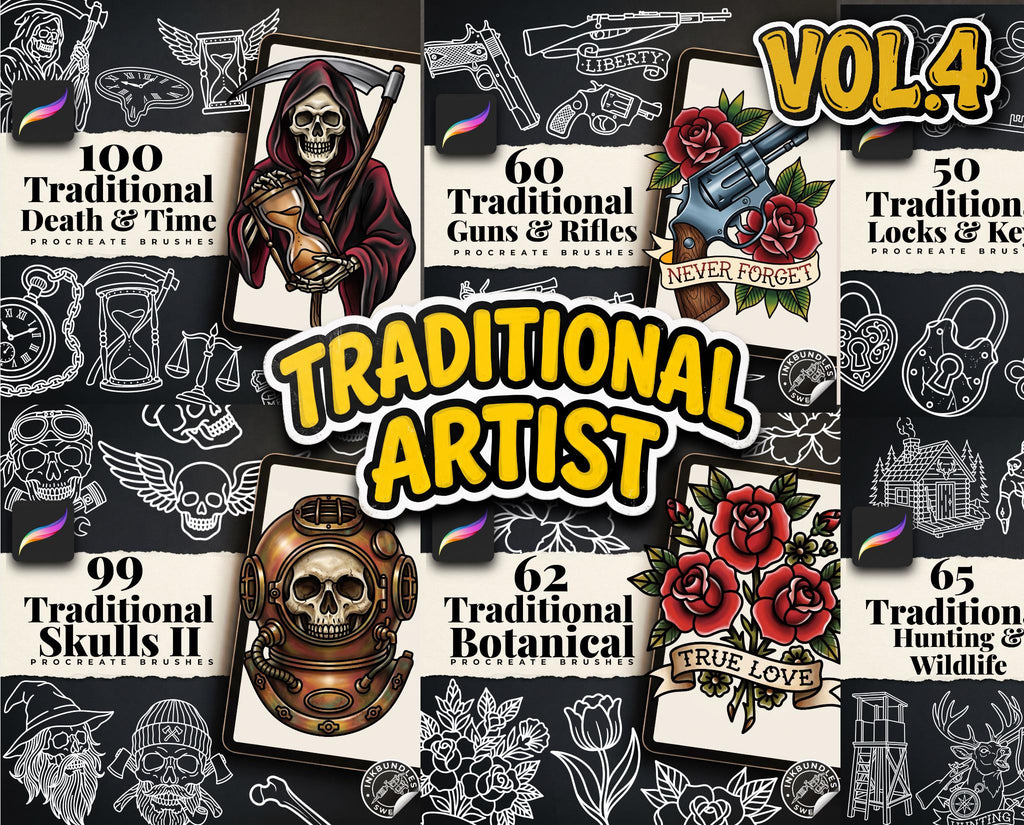 Traditional Tattoo Bundle 2026 - Procreate Stamps & PNG Stencils