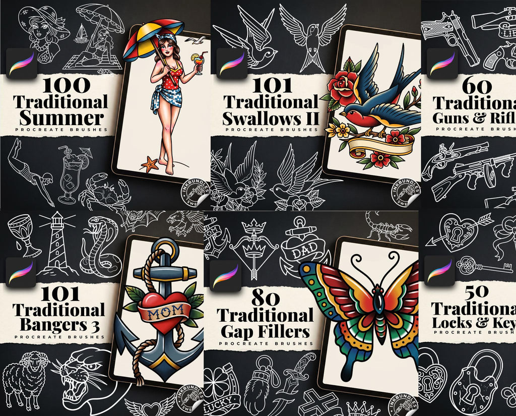 Traditional Tattoo Bundle 2026 - Procreate Stamps & PNG Stencils
