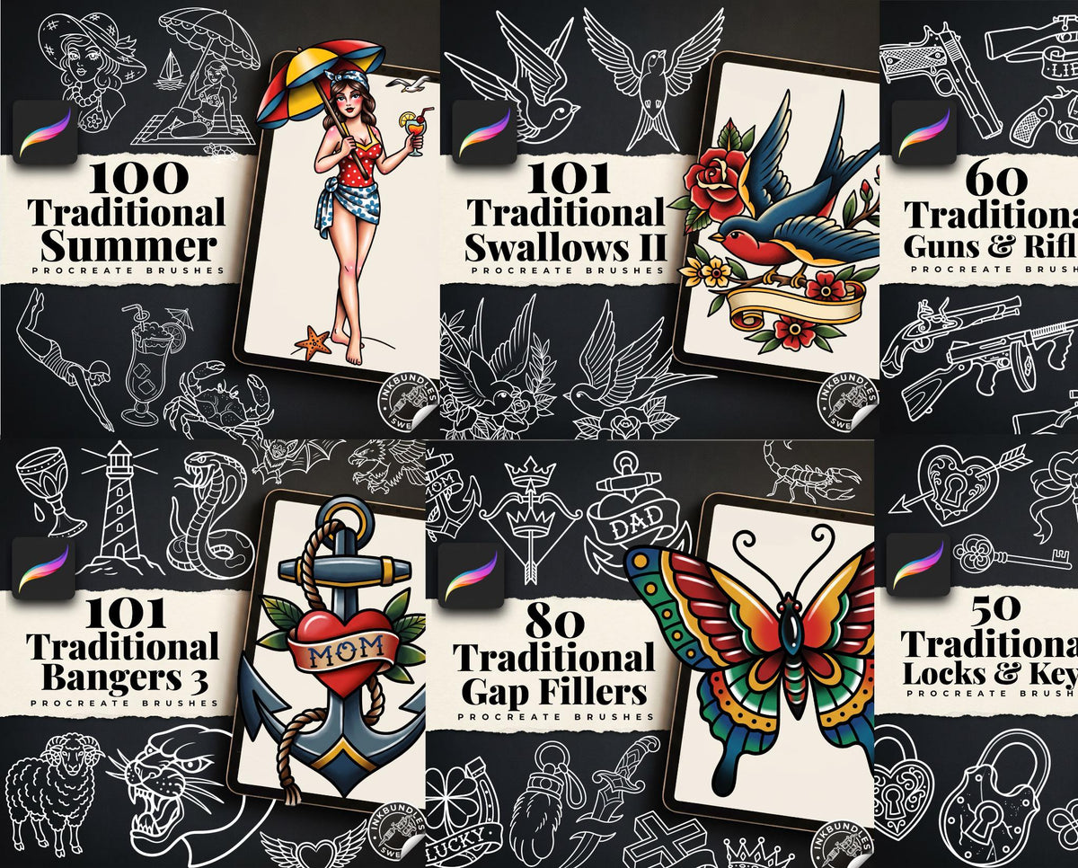 Traditional Tattoo Bundle 2026 - Procreate Stamps & PNG Stencils